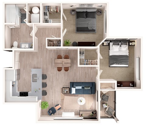 Floor plan for 2 beds, 1 bath, 878 sqft